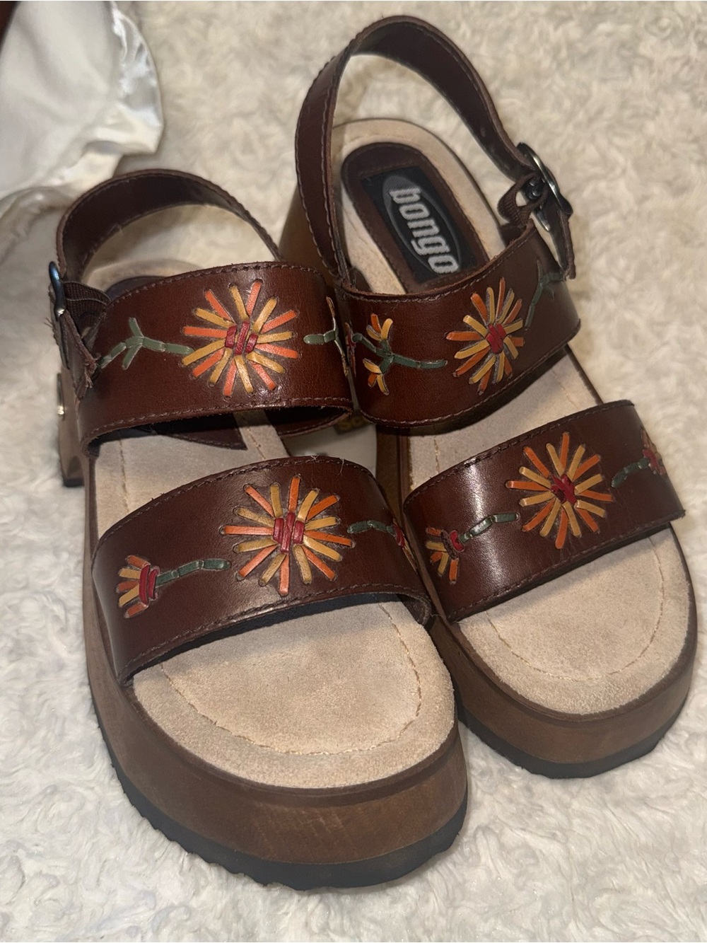 BONGO Brown Leather Floral Platform Sandals Wooden Chunky Heel Boho Size 6.5